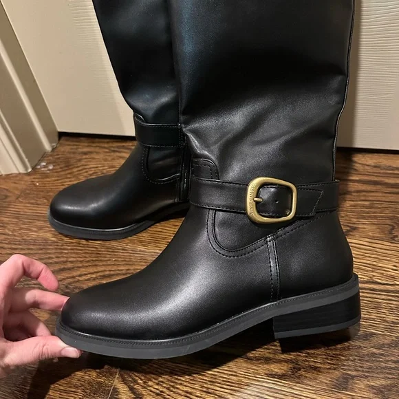 Vince Camuto Black Knee-High Riding Boots with Gold Buckle Alney - Picture 2 of 5